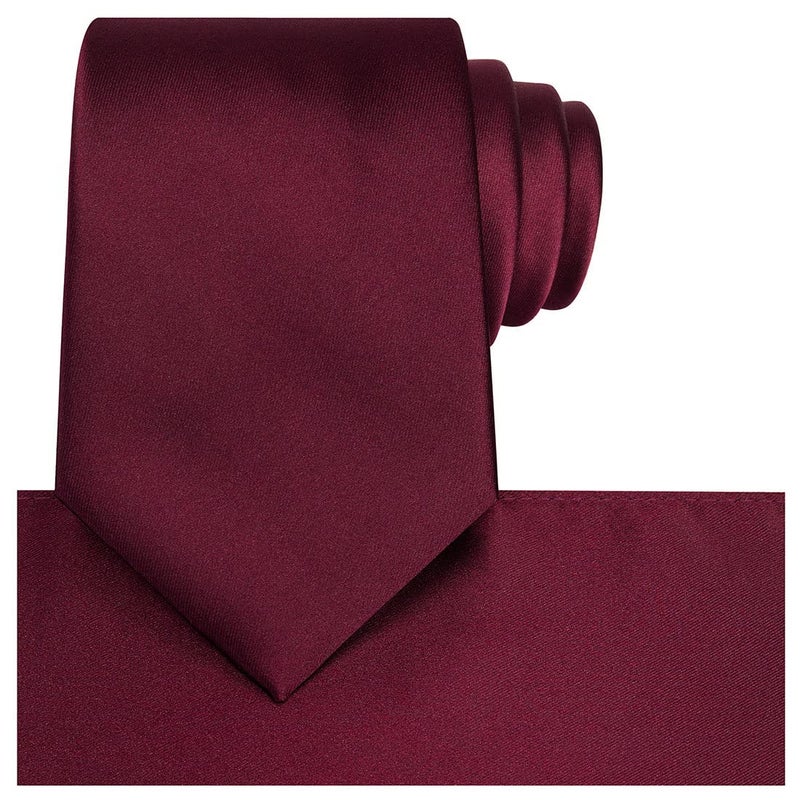 KissTies Mens Burgundy Satin Tie Set Solid Ties For Men Necktie + Pocket Square - Image 1